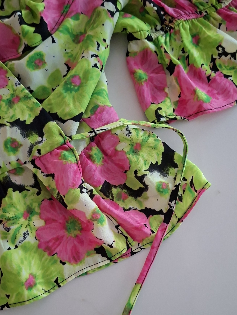 WAYF Pink, Black & Lime Green Vibrant Floral Ruffle Peplum Wrap Top (Size L) - Picture 5 of 8